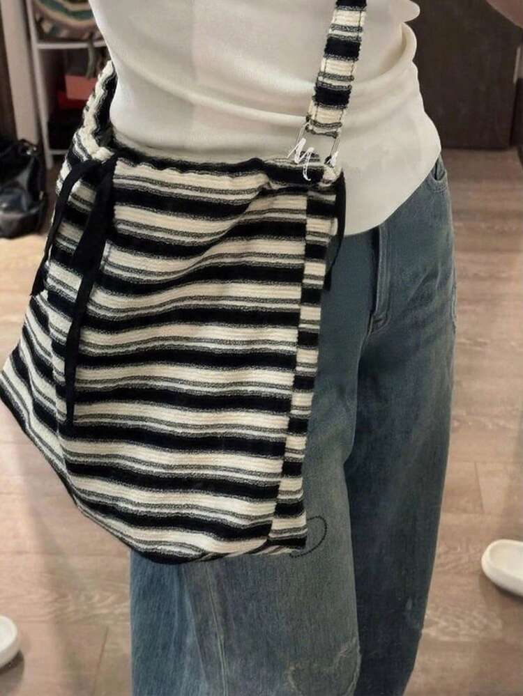 Back To School Korean Casual Black Striped Canvas Tote Bag, Niche Design Versatile Fashion Shoulder Handbag, Daily Commute Crossbody Bag For Women - Black - View 3