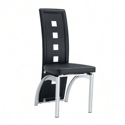 [Set Of 2] European Design Dining Chairs With Perforated Pattern, Black PU Leather + Silver Metal Legs, Height 102.5 Cm, For Modern Dining Room Or Living Room.