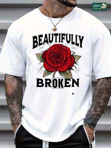 SMen's Beautifully Broken Red Rose Graphic T-Shirt - Vintage Stained Glass Style Rose Print, Soft  Cotton, Casual Everyday Wear For Men, Gift For Rose Lovers, Classic Fit Tee That Flatters All Body TypesSoft Fabric - 白色 - 查看 1