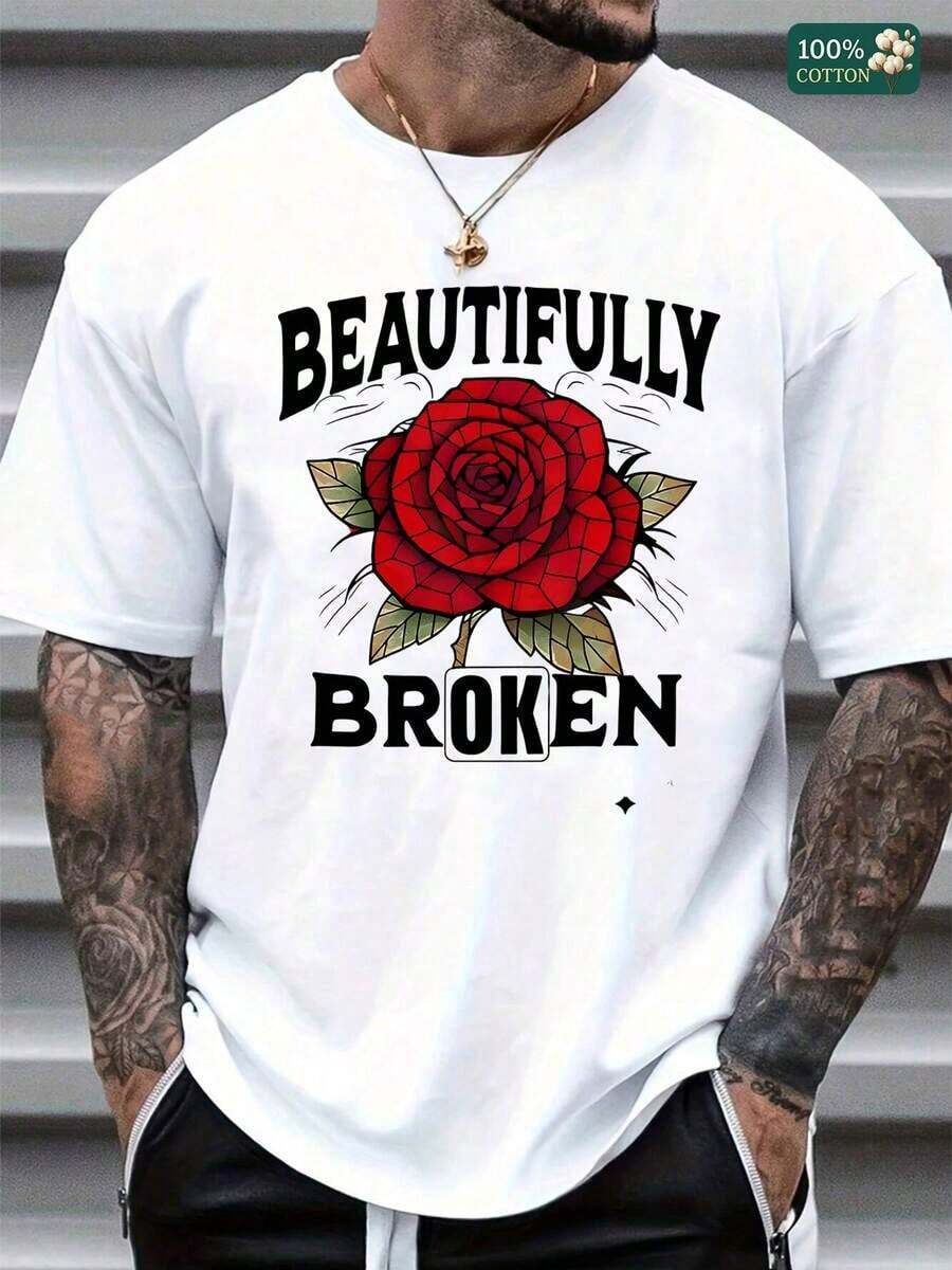 SMen's Beautifully Broken Red Rose Graphic T-Shirt - Vintage Stained Glass Style Rose Print, Soft  Cotton, Casual Everyday Wear For Men, Gift For Rose Lovers, Classic Fit Tee That Flatters All Body TypesSoft Fabric - 白色 - 查看 1