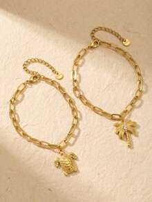 1pc Fashionable Exquisite Gold Stainless Steel Chain Small Turtle Pendant With Zirconia Coconut Tree Pendant Foot Chain Summer Style Fake Style Decorative Foot Chain Accessories - Gold - View 3