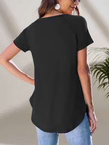Dam Casual Grå Rundhalsad Lång T-shirt, Enkel Pendling Mångsidig T-shirt Svart Sommar - Svart - Visa 2