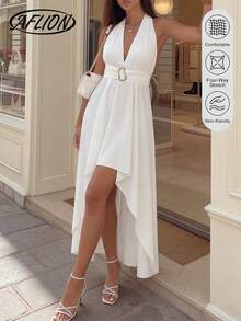 Aflion 女士白色纯色吊带V领无袖腰部金属环系带不对称下摆中长连衣裙，弹力针织面料，透气修身性感优雅连衣裙，适合春季、夏季、秋季、情人节、约会、度假、夜店等场合。 - 白色 - 查看 1