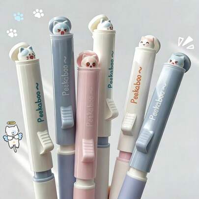 Bộ 6 bút bi gel hình mèo dễ thương Kawaii, ngòi ST khô nhanh, mực đen, cán mềm, thiết kế trò chơi trốn tìm vui nhộn, viết trơn tru, thích hợp cho học sinh, văn phòng phẩm, quà tặng cho trẻ em, luyện viết chữ.