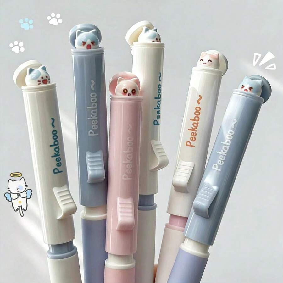 Bộ 6 bút bi gel hình mèo dễ thương Kawaii, ngòi ST khô nhanh, mực đen, cán mềm, thiết kế trò chơi trốn tìm vui nhộn, viết trơn tru, thích hợp cho học sinh, văn phòng phẩm, quà tặng cho trẻ em, luyện viết chữ. - Nhiều màu - Xem 1