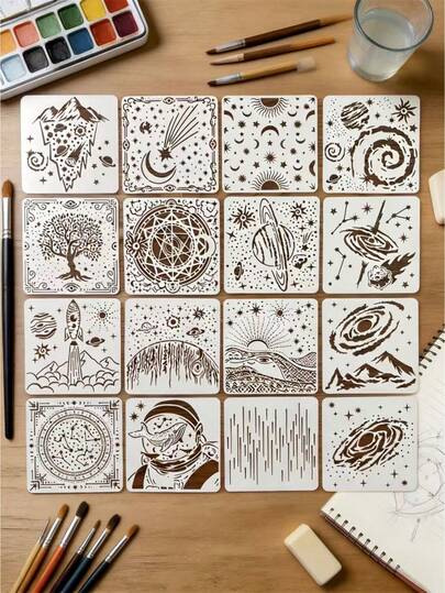 16pcs Sci-Fi Starry Sky Hollow Painting Template, Space Universe Creative Spray Painting, DIY Scrapbooking, Fabric, Ceramic, Gift Box Decoration Auxiliary Tool, Reusable Plastic Material