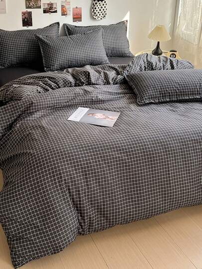 极简黑色格子被套，现代格子印花，柔软透气的聚酯纤维被套，纯色床单，中性美学卧室装饰，特大号/加大号/超大号，仅含被套和枕套（不含被芯）