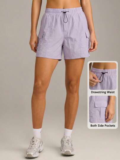 Never me Women's Summer Woven Drawstring Elastic Waist Shorts With Pockets, Double-Layer Comfortable Casual Sports Shorts With Built-In Leggings, Suitable For Daily Wear, Running, Workout