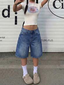 Women's Loose Fashion Straight Mid-Calf Shorts Casual Summer - 輕洗 - 查看 3