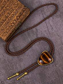 1pc Tiger Eye Stone Triangle Pendant Necklace Bolo Tie, Unique Stylish Western Cowboy Necktie Accessory, Versatile Matching - Multicolor - View 3