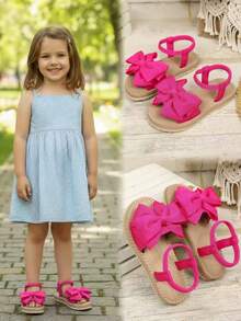 1 Pair Fuchsia Girls' Flat Sandals, Solid Soft Fabric With Bow Decor, Round Toe Open Toe, Elastic Flexible Sole, Fashionable Cute Bohemian Beach Sandals, Suitable For Daily Casual, Holiday, Party, Spring/Summer New Arrival - Hot Pink - View 8