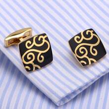 Creative Gold Pattern Cufflinks, Alloy Enamel French Style Cuff Links, Fashion Dress Shirt Jewelry Gift Box Set For Dad Husband Boyfriend Birthday Christmas - 金色 - 查看 3