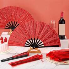 24 Pcs Large Folding Hand Fans for Line Dancing Fan with Bag Clapping Popping Raves Fans Bulk for Wedding EDM Club Party Decoration Red - Rojo - Ver 3