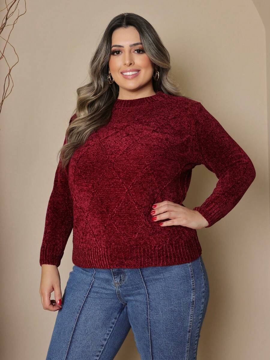 Plus Size Women's Knitted Sweater Long Sleeve Round Neck Casual Reverse FL-Sd2064 - 紅色 - 查看 1