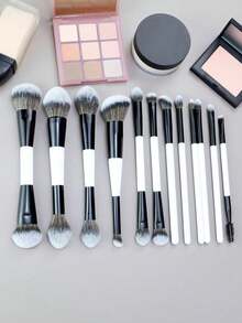 8/12支双头化妆刷套装，包含散粉刷、粉底刷、腮红刷、遮瑕刷、眼影刷、眼线刷、唇刷等，女士及女孩适用化妆工具 - 黑與白 - 查看 4