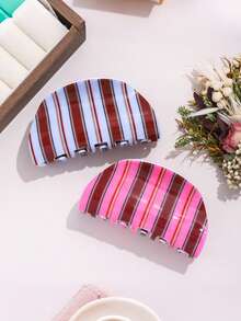 1个休闲复古蓝咖啡条纹发夹，小众高端发夹，适合日常、休闲、上学等场合佩戴 - 彩色 - 查看 3