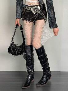 1双蕾丝镂空长筒袜，轻薄夏季白色/黑色不对称渔网袜，性感连裤袜，复古朋克Y2K风格，女士款 - 彩色 - 查看 4