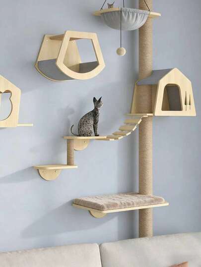 This Wall-Mounted Cat Tree Is Made Entirely Of Solid Wood, Including A Wall-Mounted Cat Platform, Scratching Board, Cat Tree, Wall-Mounted Platform, Cat Bed, And Scratching Post.
