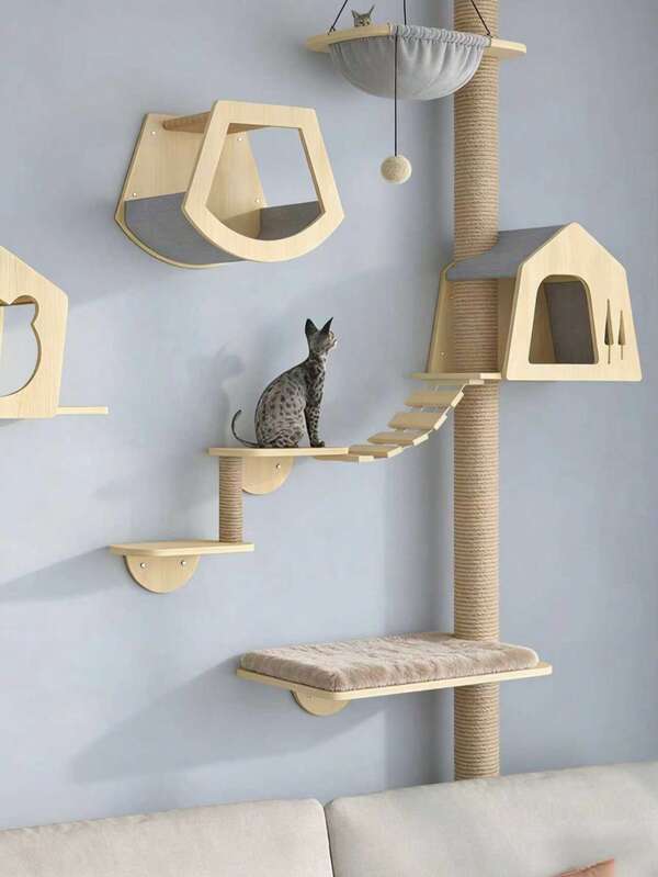Solid Wood Wall-Mounted Cat Climbing Frame With Integrated Platform, Scratching Board, Cat Tree, Condos, Wall Nest And Scratching Post. Provides A Dedicated Space For Cats To Play, Climb, Sharpen Claws And Rest Comfortably.