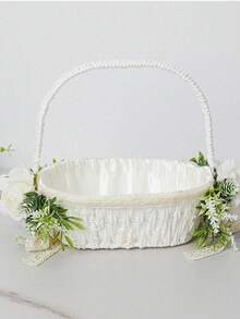Large White Flower Girl Basket With Satin Ribbon Bow, Suitable For Wedding Flower Girl - 1PC - View 4