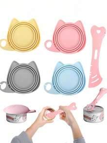 Juego de tapa de lata y cuchara de silicona para mascotas 3 en 1, tapa de lata con orejas de gato y cuchara de alimentación, sellador de lata con orejas de gato y abridor de latas con cuchara, tapa de almacenamiento de alimentos universal para gatos y perros (1 tapa + 1 cuchara) - Tapa y cuchara de sellado - Ver 2