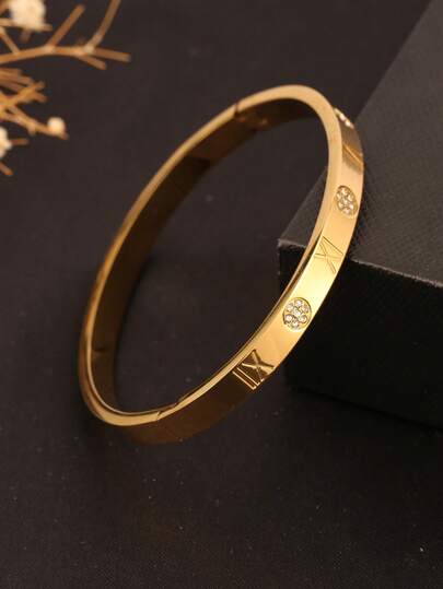 1 pieza Brazalete de acero inoxidable chapado en oro de 18K con incrustaciones de números romanos y circonita cúbica, accesorio de pulsera de lujo de diseño exclusivo, adecuado para uso diario y vacacional de mujeres, regalo para novia/esposa, regalo social