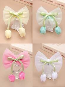 4pcs/Set Colorful Tulip Flower & Bow Hair Clips, Cute Sweet Student Hair Accessories, Gift For Girls, Spring/Summer - Multicolor - View 3