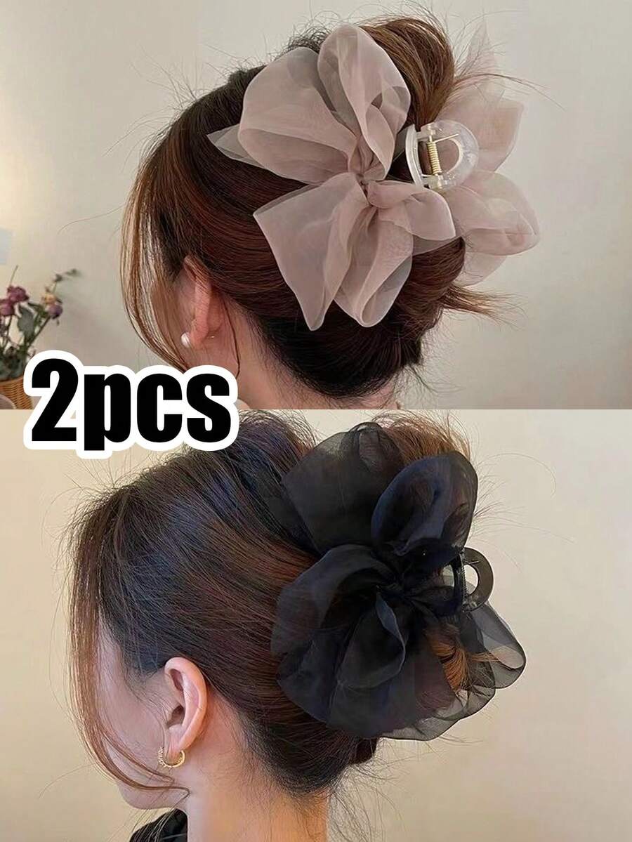 2pcs Mesh Material New Elegant Bowknot Hair Clips, Mesh Hair Clips With No Binding Feeling When Worn Summer Hair Accessories Beach Claw Clips Vacay Hair Claws,Holiday,Travel - Multicolor - View 1