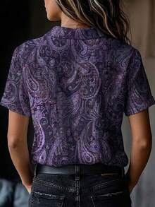 Plus Size Women Retro Cashew Flower Print Button Down Short Sleeve Shirt Blouse Vacation Summer - Purple - View 7