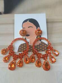 橙色串珠流苏耳环，波西米亚风大圆形水滴耳环，适合女性佩戴，可用于派对、婚礼、舞会等场合。 - 彩色 - 查看 11