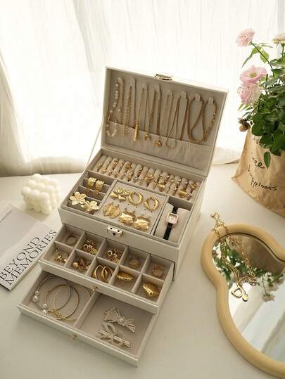 Caja de almacenamiento de joyas de 3 capas de gran tamaño, caja de joyas de alta calidad en PU con cajones con cerradura, adecuada para collares, aretes, anillos, pulseras, relojes y otros accesorios de joyería, regalo para fiestas