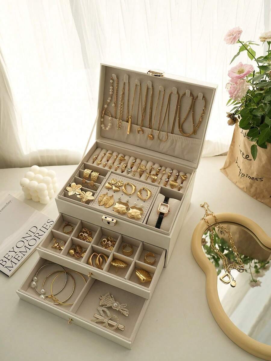 Large 3-Layer Jewelry Storage Box, High-Quality PU Jewelry Box With Lockable Drawers, Suitable For Necklaces, Earrings, Rings, Bracelets, Watches And Other Jewelry Accessories, Holiday Gift