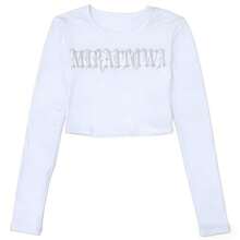 Women's Sexy Slim Fit Long Sleeve T-Shirt With Rhinestone Decor, Casual Minimalist Chic White Crop Top Spring - White - View 2
