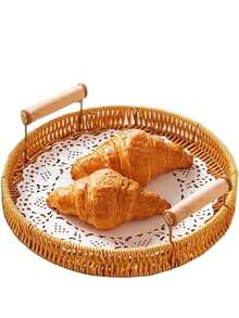 1 pieza Bandeja ovalada tejida a mano de ratán, plato portátil de estilo japonés para postres y frutas, cesta de almacenamiento, adecuada para almacenamiento, decoración, decoración rústica del hogar, maceta, portavelas, accesorios navideños, suministros para fiestas de cumpleaños, regalo de cumpleaños - Marrón moca-con asa - Ver 11