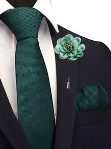 ZONFAZ 男士简约百搭三件套：灰粉色领带、格纹口袋巾、花卉胸针。柔软轻盈，适合婚礼、庆典、派对等场合。男士领带搭配的理想之选。 - 墨綠色 - 查看 1