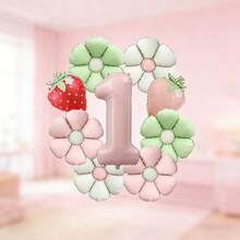 A Strawberry And Flower Birthday Balloon Set Contains Pink Number Foil Balloons, Daisy Foil Balloons And Strawberry-Shaped Foil Balloons. Suitable As Birthday Gifts For Sons And Daughters, As Well As Photo Backdrop Props - View 4