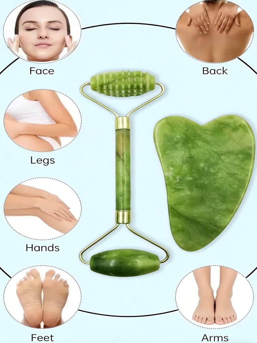 Dụng cụ làm đẹp bằng ngọc bích, bảng Gua Sha, dụng cụ massage, bảng Gua Sha ngọc bích cho mặt và lưng, con lăn massage ngọc bích - màu xanh lá - Xem 1