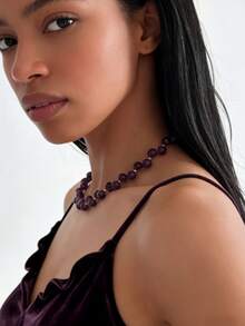 1pc Elegant Purple Crystal Necklace: Handmade Woven Purple Crystal Necklace, Purple Gemstone Necklace, February Birthstone, Refined Daily Necklace - Purple - View 2