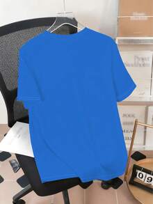 加大码男士休闲圆领T恤，涤纶针织面料，舒适透气，时尚撞色格纹印花，趣味卡通牛武士图案设计，新颖个性化上衣 - 寶藍色 - 查看 4