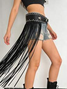 Y2K Chic Baddie Faux Leather Fringe Punk Rivet Decor Metal Zinc Alloy Heavy-Duty Buckle Fashion Rivet Belt, Versatile Streetwear OOTD - Coffee - View 9