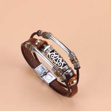 Hollowed-Out Curved Tube Beaded Stainless Steel Clasp Genuine Leather Bracelet - Coffee Brown - View 1