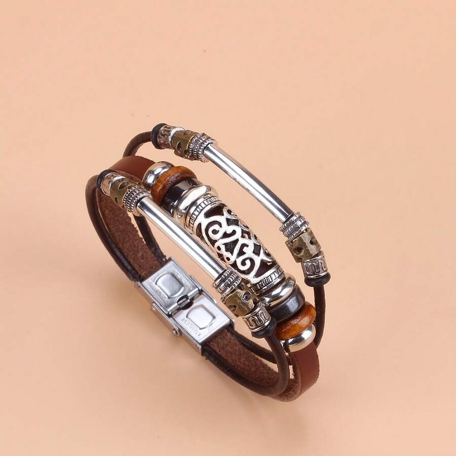 Hollowed-Out Curved Tube Beaded Stainless Steel Clasp Genuine Leather Bracelet - Coffee Brown - View 1
