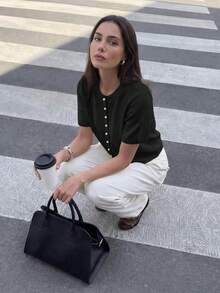 Round Neck Solid Color Faux Pearl Button Short Sleeve Casual Versatile Knit Cardigan, Loose Fit, Suitable For Everyday Wear Black Spring - Black - View 8