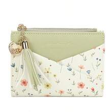 New Tassel Pendant Wallet, Women's Multi-Card Slot Bifold Wallet With Flower Design, High-End PU Leather - Green - View 10