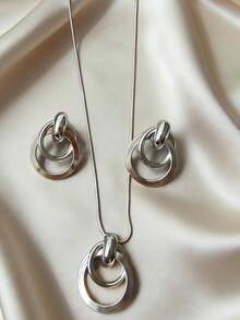 一套时尚优雅的几何圆形金属项链耳环首饰套装，送给女朋友或闺蜜的礼物 - 銀色 - 查看 3