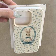 Bunnies 1pc TPU Material Floral Blue Bow Rabbit Pattern Phone Case Compatible With Apple 17 Pro Max/17/16 Pro Max/15/13/12/11, S20 FE/A15/S24/A55, Note 11/Note 12/Note 13 Pro, Full Coverage Anti-Drop Soft Protective Phone Cover - White - View 3