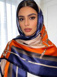 1 Women's Orange Belt Chain Print Lijing Satin Long Scarf - Orange - View 1