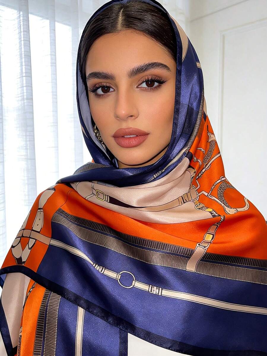 1 Women's Orange Belt Chain Print Lijing Satin Long Scarf - Orange - View 1