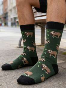 1 Pair Men's Green And Black Contrast Cartoon Sloth Pattern Mid-Calf Socks, And Casual For All Seasons - Multicolor - View 4
