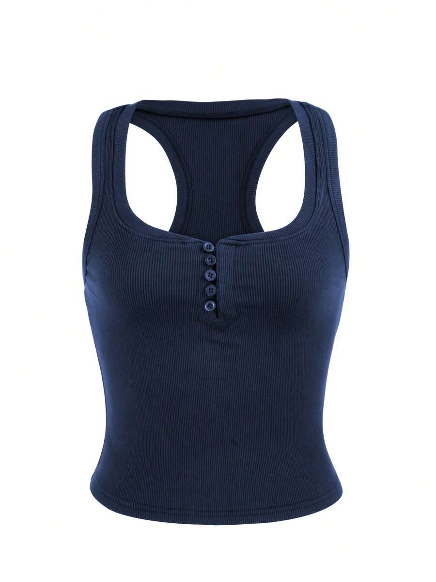 New European & American Summer Ribbed Camisole Top, Wide Strap, Button, Slim Fit Sleeveless Top Casual - Navy Blue - View 1